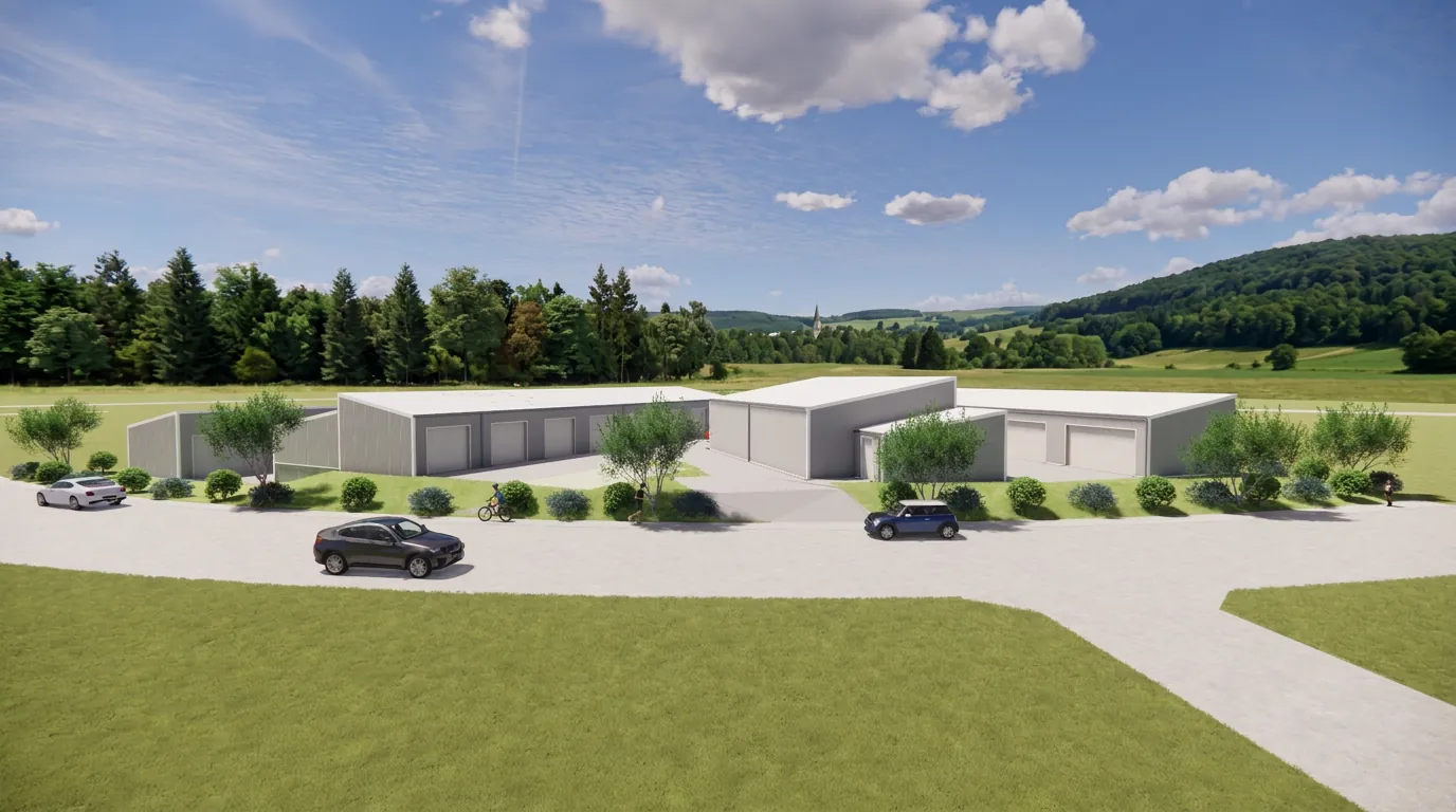 Novapark Freigericht – Garagenpark mit grau-weißen Baukörpern vor Wald und Hügellandschaft